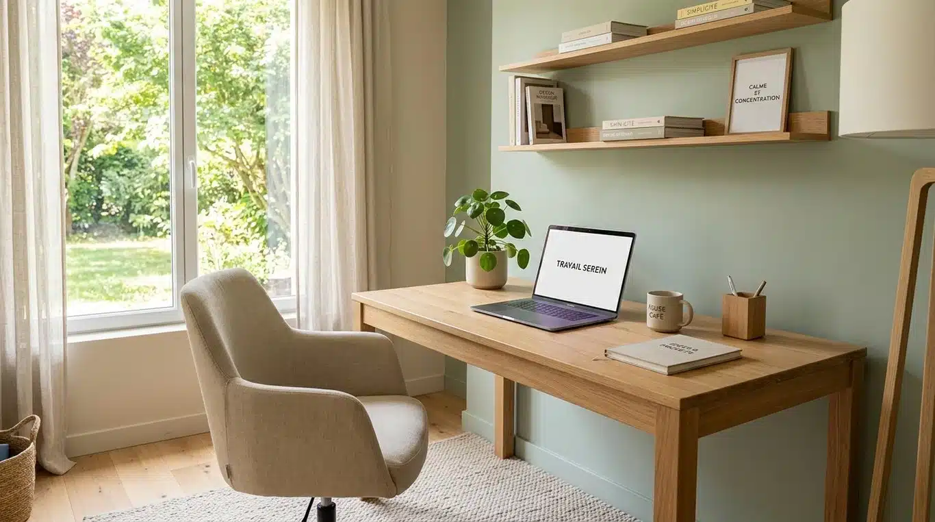 Bureau aménagé dans un style zen et minimaliste avec des tons naturels