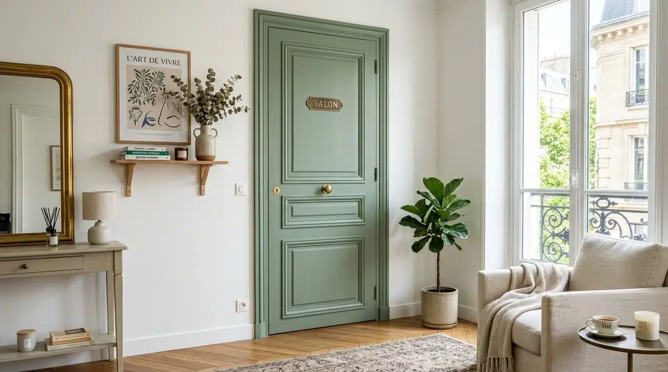 Exemple de porte intérieure relookée avec moulures et peinture moderne