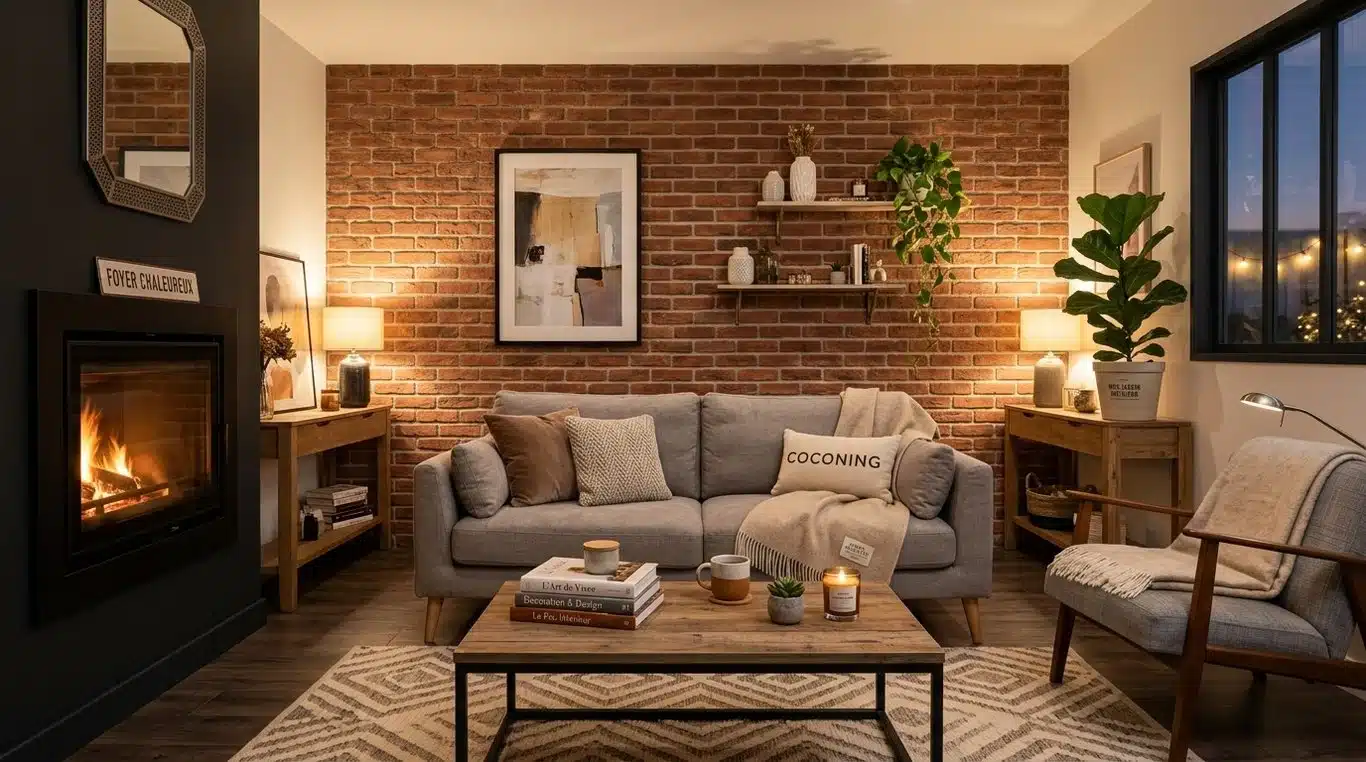 Salon moderne avec un mur en briquette décoratif