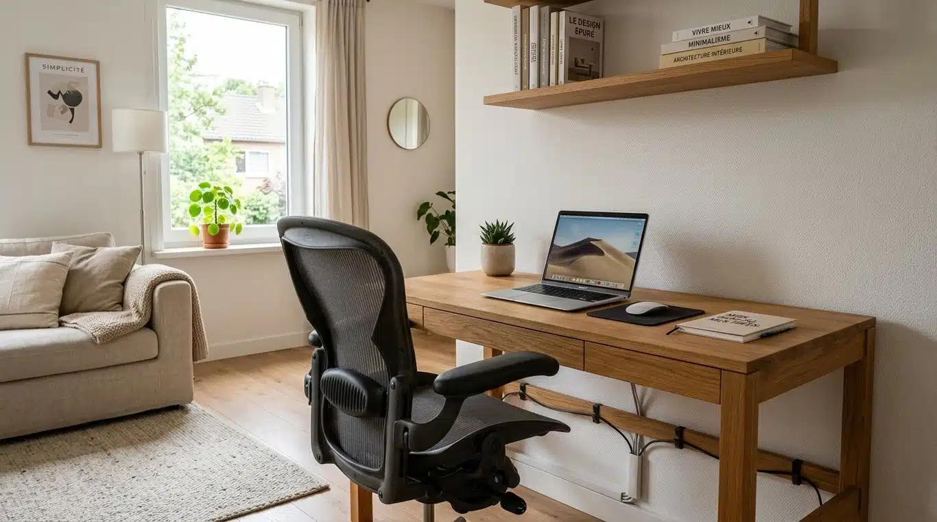 Aménagement d'un bureau de télétravail moderne et ergonomique dans un salon