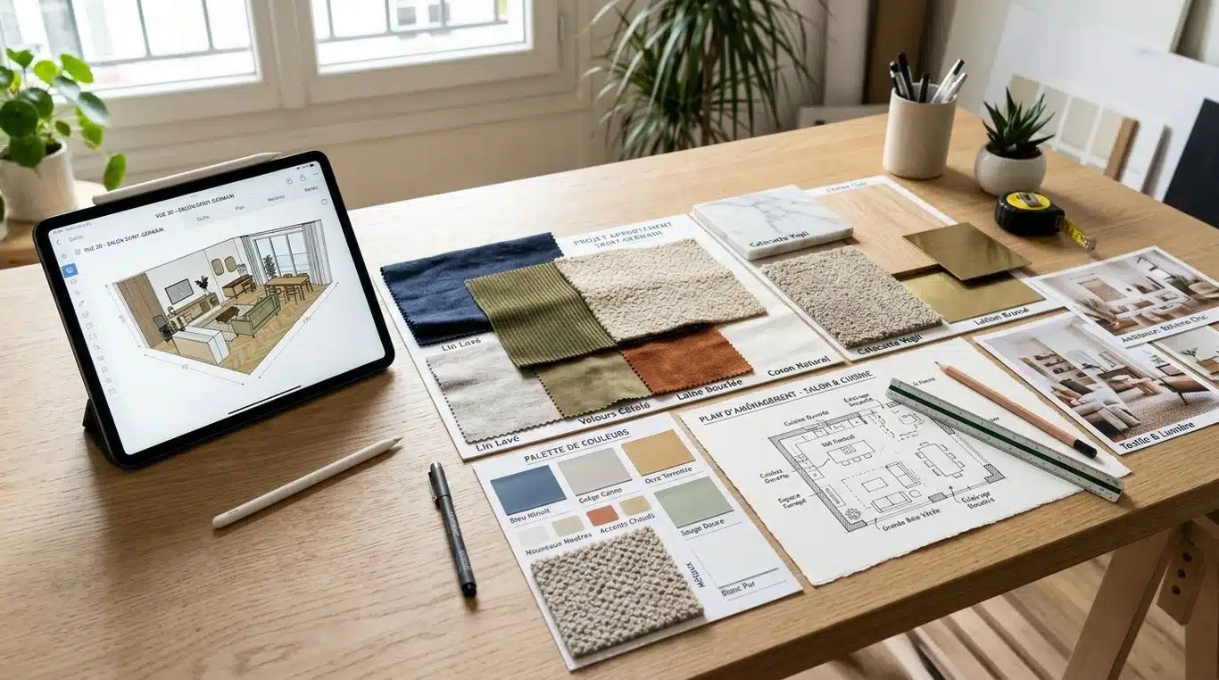 Exemple de moodboard professionnel et outils de conception 3D pour la décoration d'intérieur