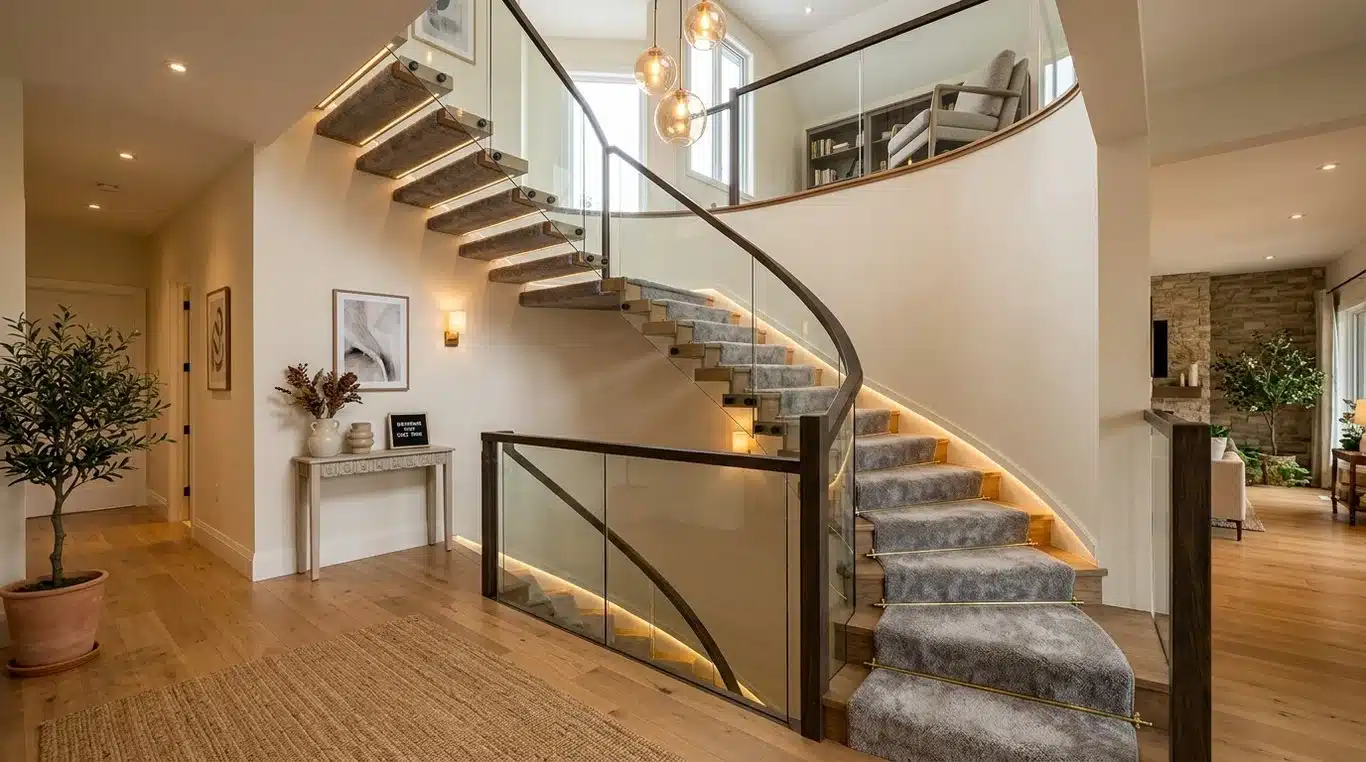 Escalier moderne habillé d'une moquette grise élégante