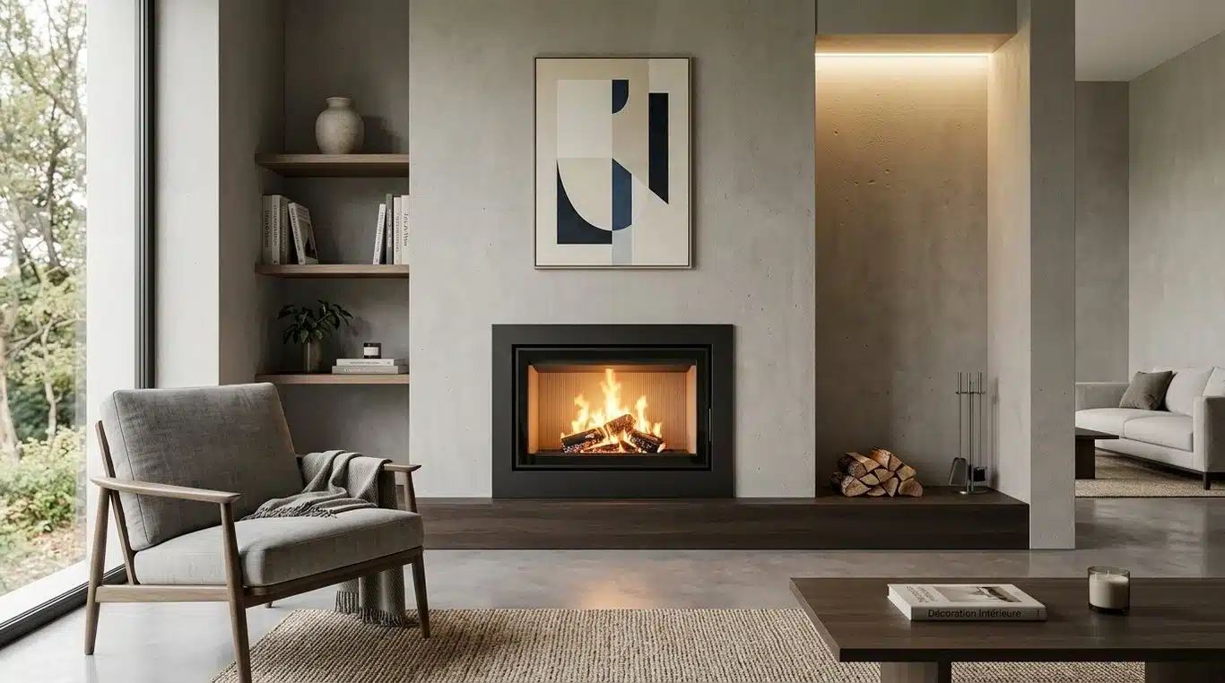 Exemple d'habillage de cheminée moderne avec insert intégré dans un salon contemporain