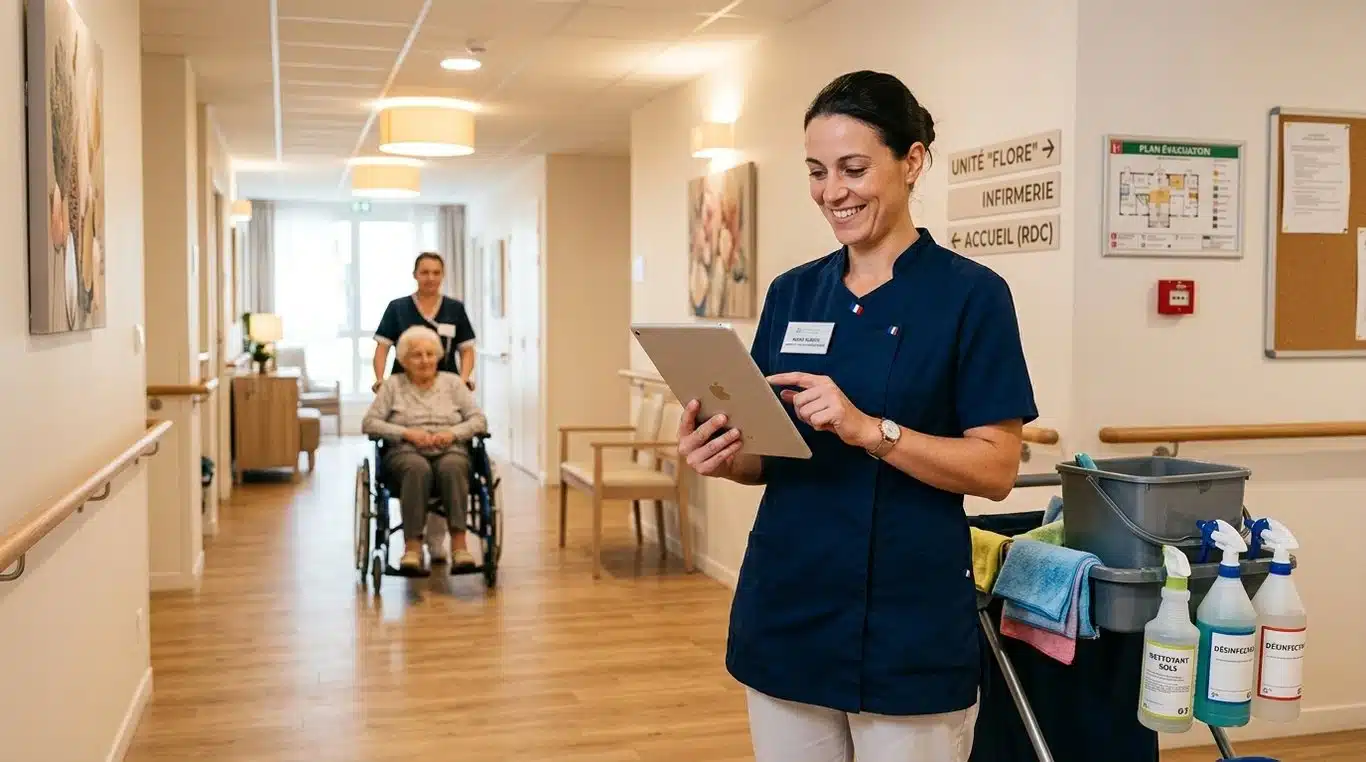 Gouvernante en EHPAD effectuant un contrôle qualité dans un établissement de santé