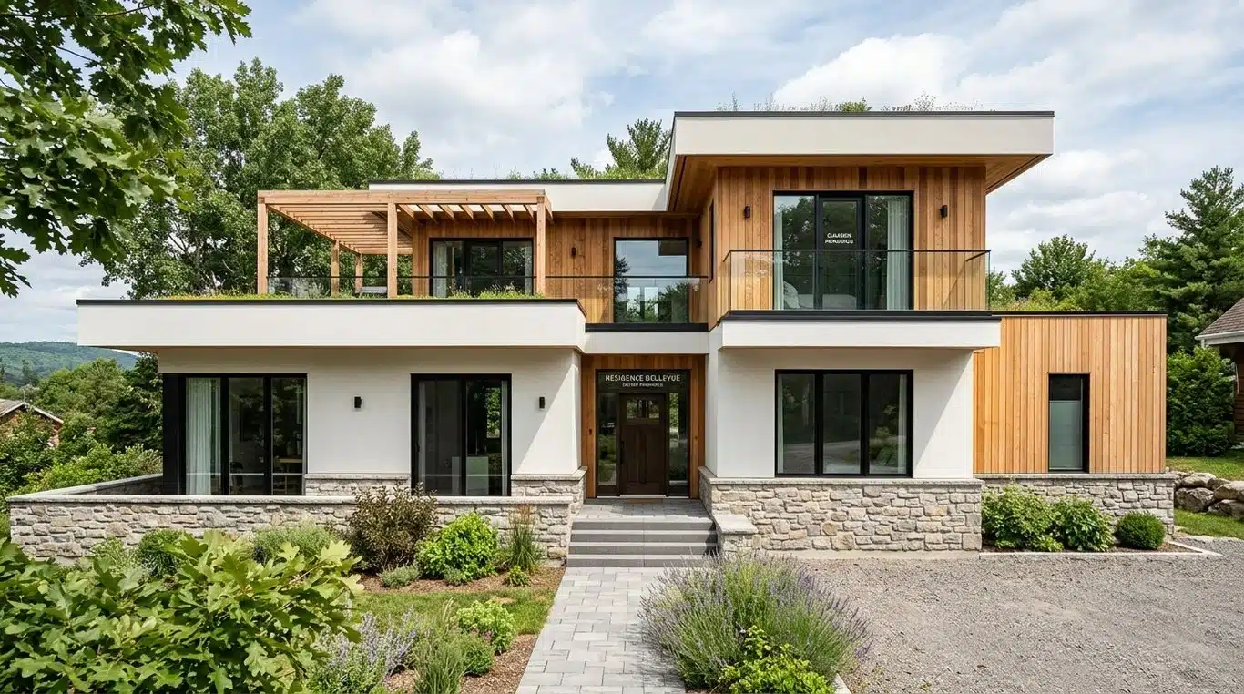 Exemple de façade de maison moderne avec mélange de bois, enduit et pierre