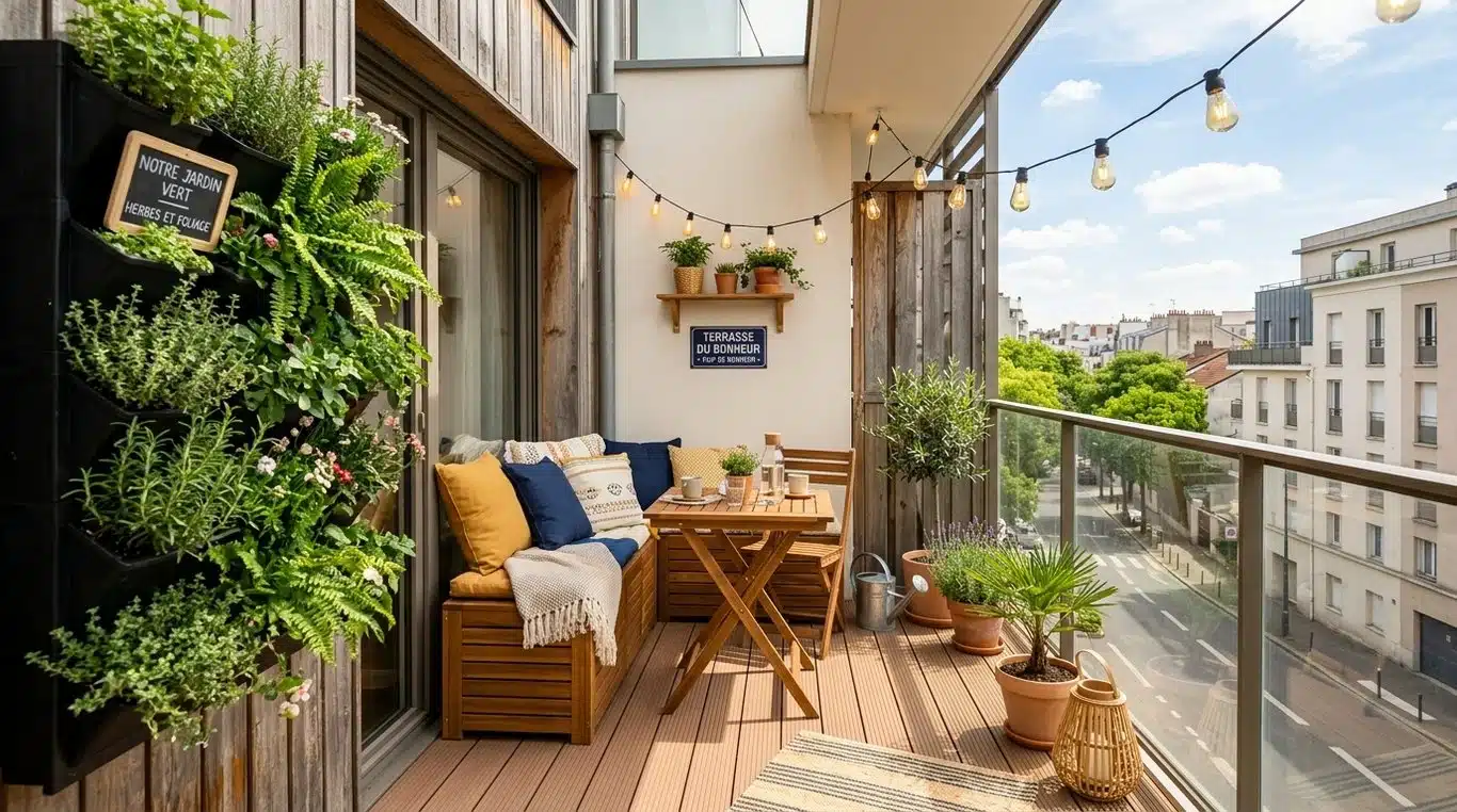 Aménagement optimisé d'une terrasse de 12m2 avec mobilier modulable et décoration végétale