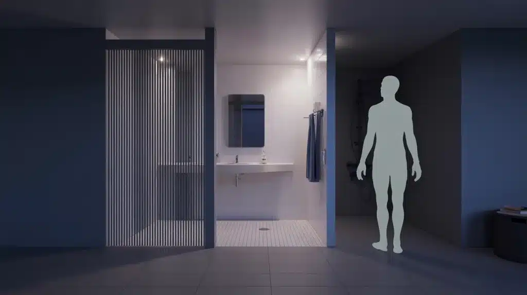 Porte coulissante pour salle de bains, gain d’espace