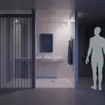 Porte coulissante pour salle de bains, gain d’espace