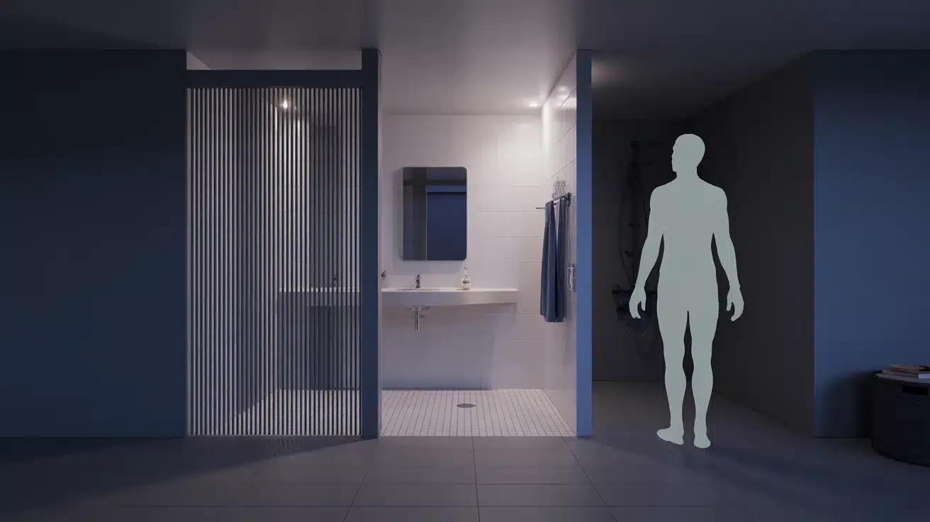 Porte coulissante pour salle de bains, gain d’espace
