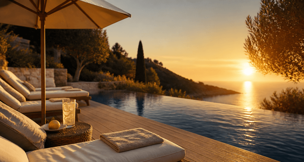 airbnb avec piscine terrasse privée bois et transats