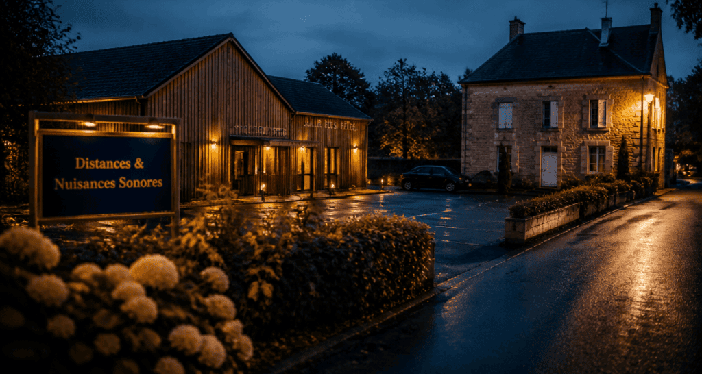 distance entre salle des fêtes et habitation panneau bleu