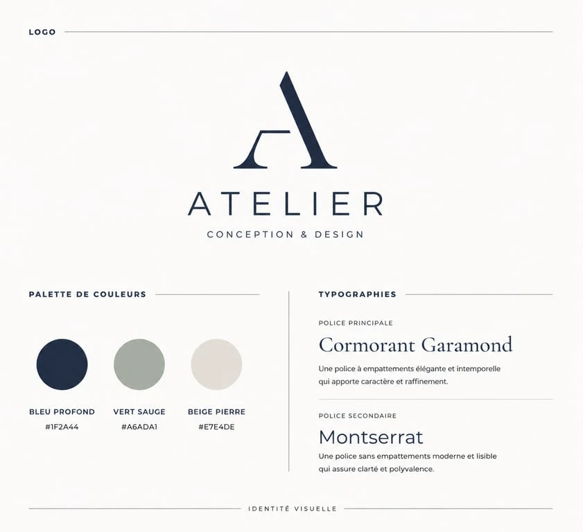 Exemple d'identité visuelle composée d'un logo, d'une palette de couleurs et de typographies