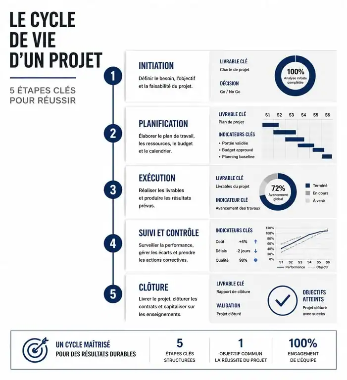 Schéma des 5 étapes du cycle de vie d'un projet : initiation, planification, exécution, suivi et clôture.