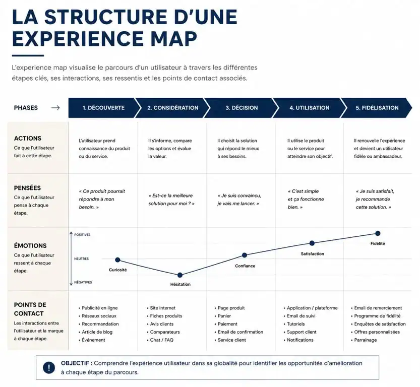 Infographie illustrant la structure d'une experience map pour le design UX