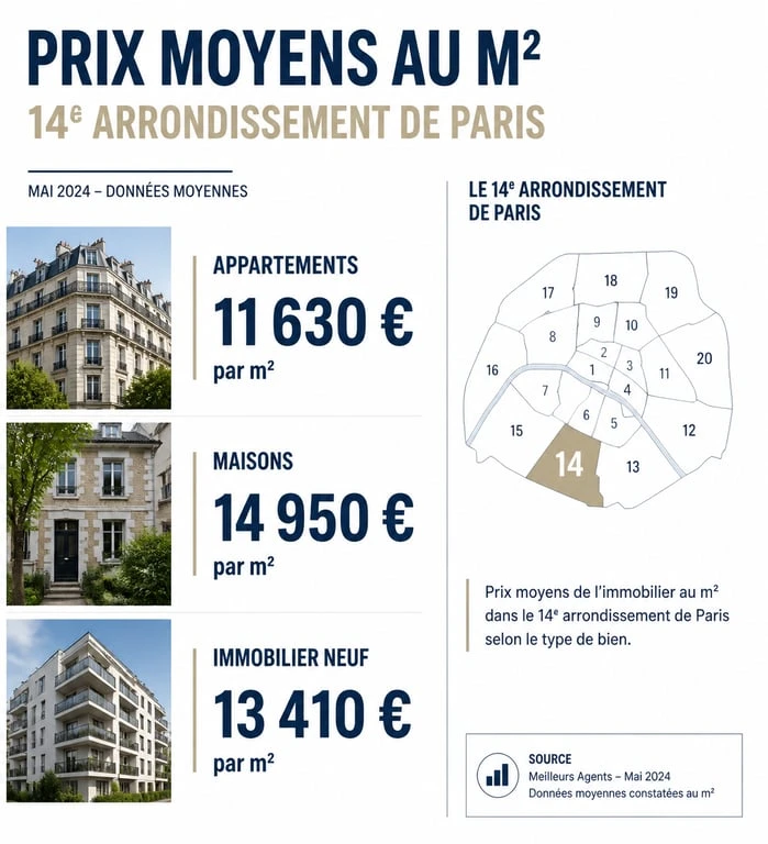 Infographie des prix au m2 à Paris 14 pour appartements et maisons