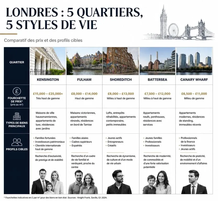 Comparatif des quartiers pour l'immobilier à Londres : prix et profils