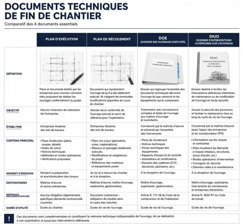 Comparatif des documents techniques de fin de chantier : Plan de récolement, DOE, PE et DIUO