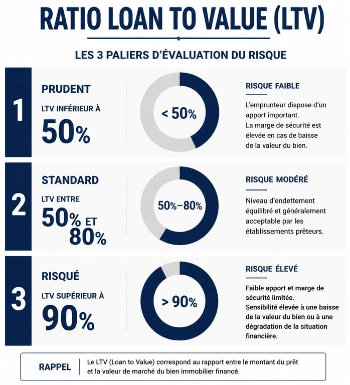 Infographie illustrant les différents niveaux de ratio Loan to Value (LTV) et leur interprétation bancaire