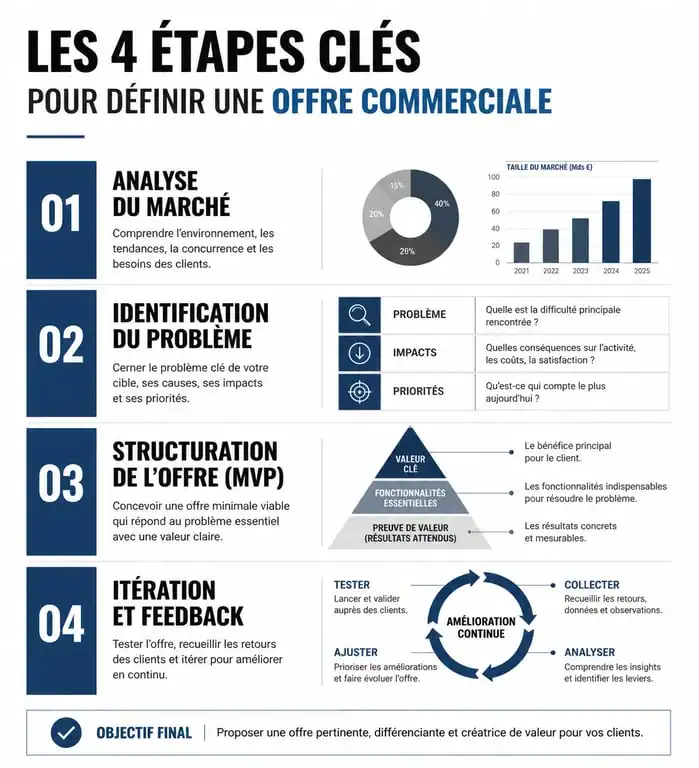 Infographie des étapes pour définir son offre commerciale et sa proposition de valeur