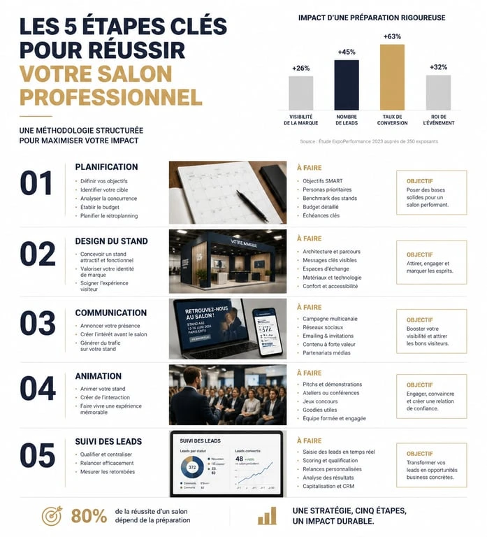 Infographie des étapes clés pour réussir sa participation à un salon professionnel