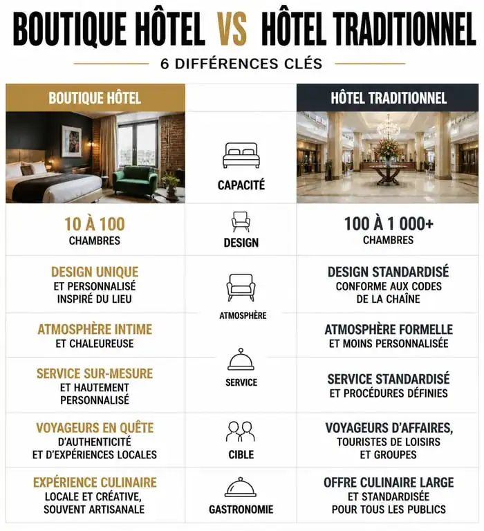 Infographie comparative : Boutique hôtel vs Hôtel traditionnel