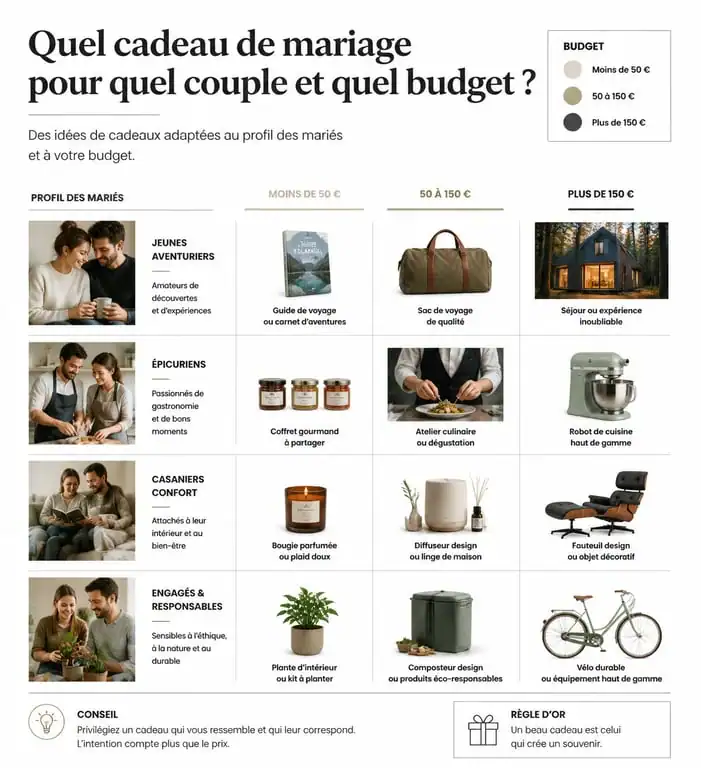 Infographie des meilleures idées cadeaux mariage par profil et budget