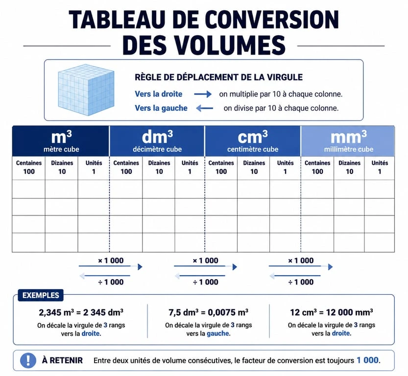 Tableau de conversion de volume avec la règle des trois colonnes pour chaque unité de mesure