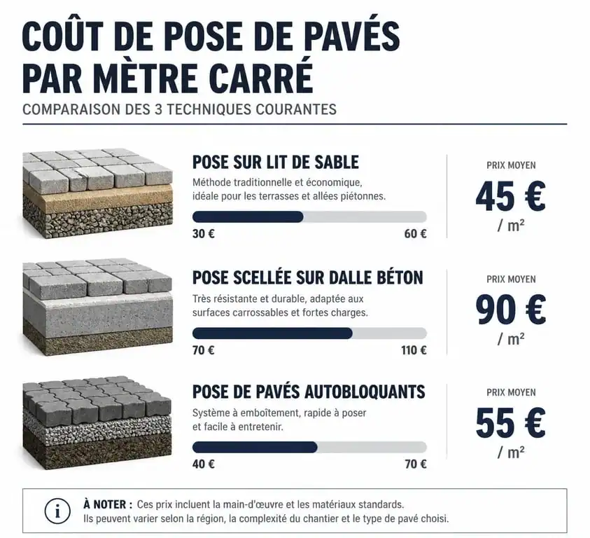 Infographie comparative des prix de pose de pavés au m2 selon la technique