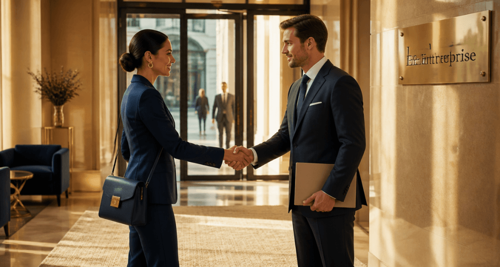 local pour entreprise femme d'affaires agent immobilier hall
