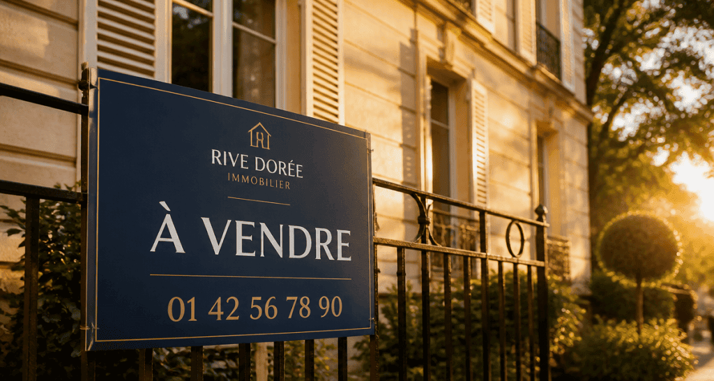 panneaux agence immobilière Akilux sur façade en pierre