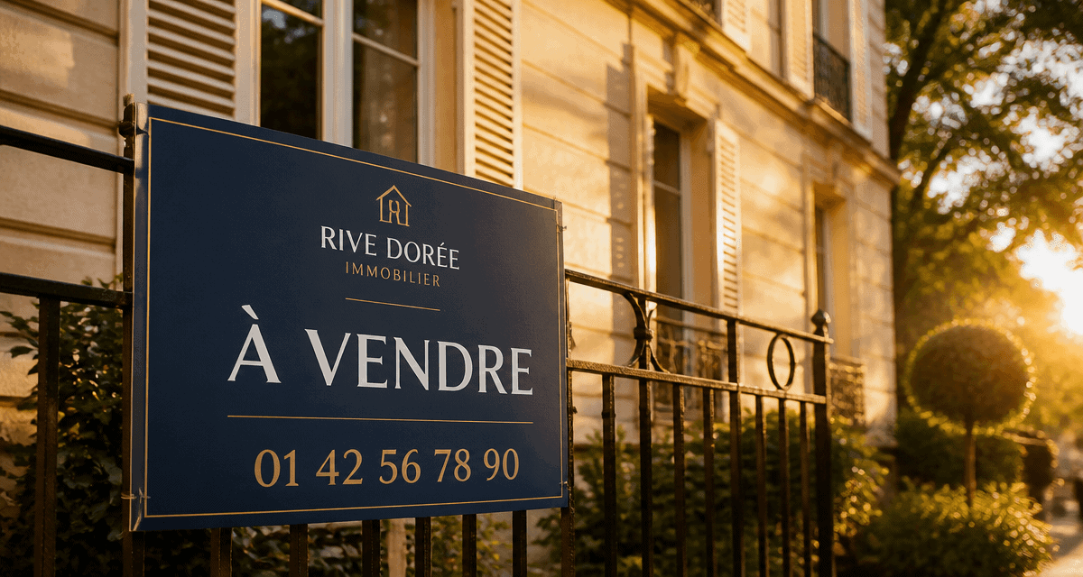 panneaux agence immobilière Akilux sur façade en pierre
