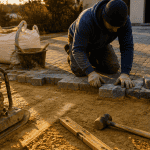 Pose pavé prix m2 artisan avec outils sur allée