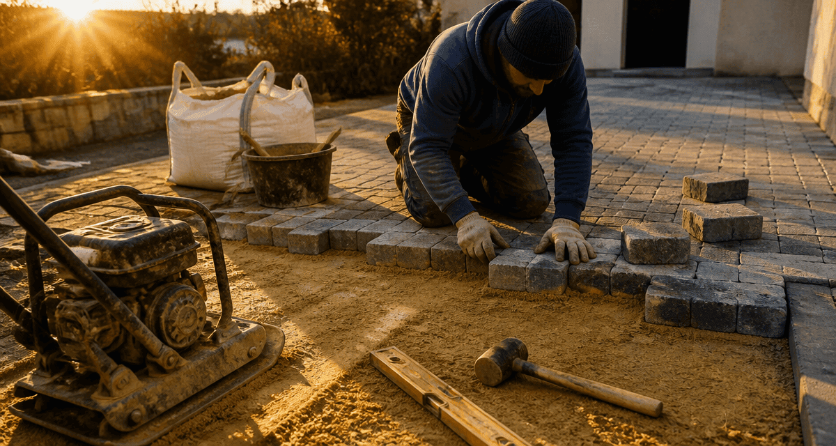 Pose pavé prix m2 artisan avec outils sur allée