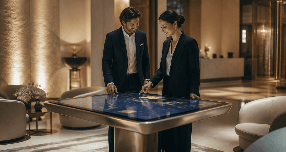 Tables tactiles dans hall d’accueil haut de gamme