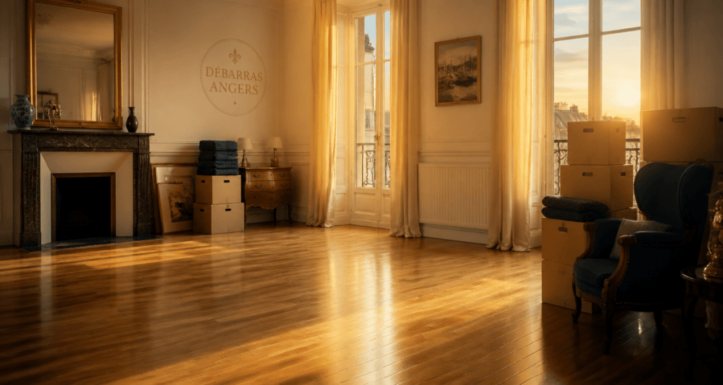 Vide maison Angers salon vidé parquet et cartons