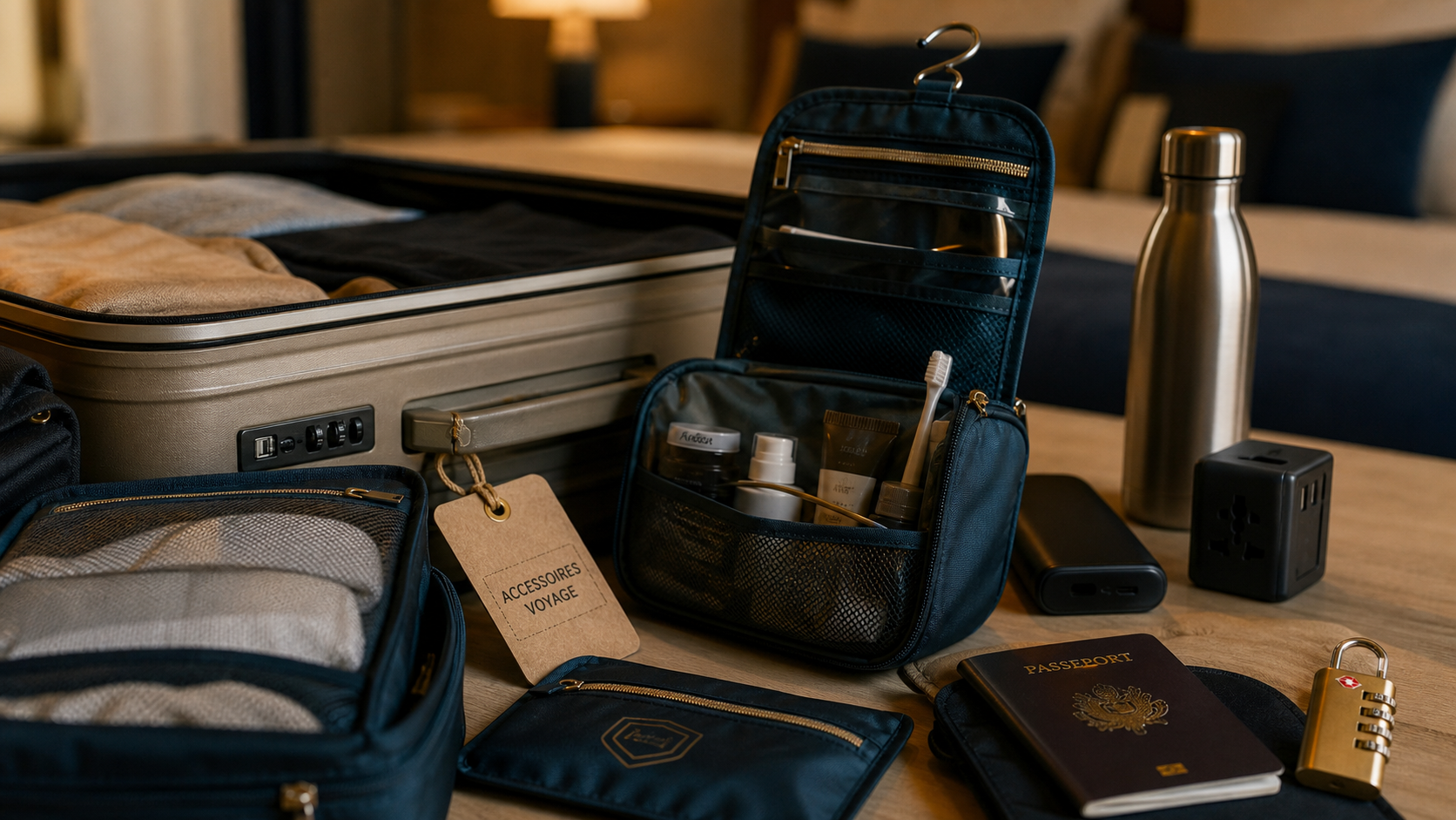 Accessoires pour voyageur : packing cubes, trousse, cadenas TSA, adaptateur et batterie externe