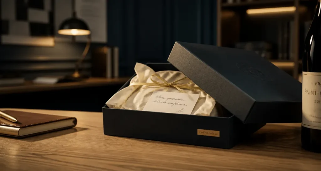 Coffret cadeau client premium sur table en bois