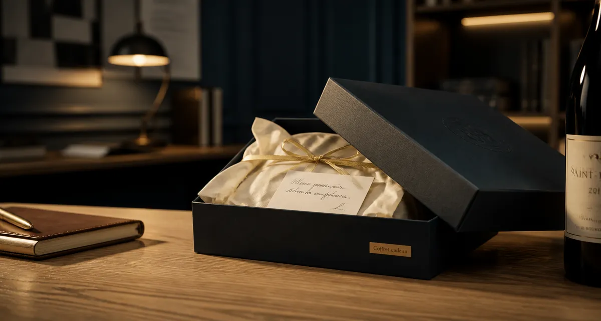 Coffret cadeau client premium sur table en bois