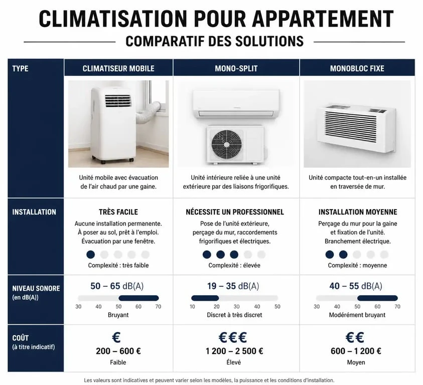 Comparatif des systèmes de climatisation pour appartement : mobile, split et monobloc