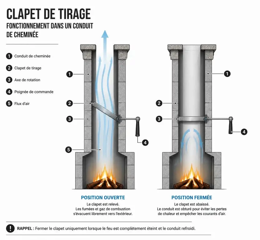 Schéma du fonctionnement d'un clapet de cheminée pour le tirage