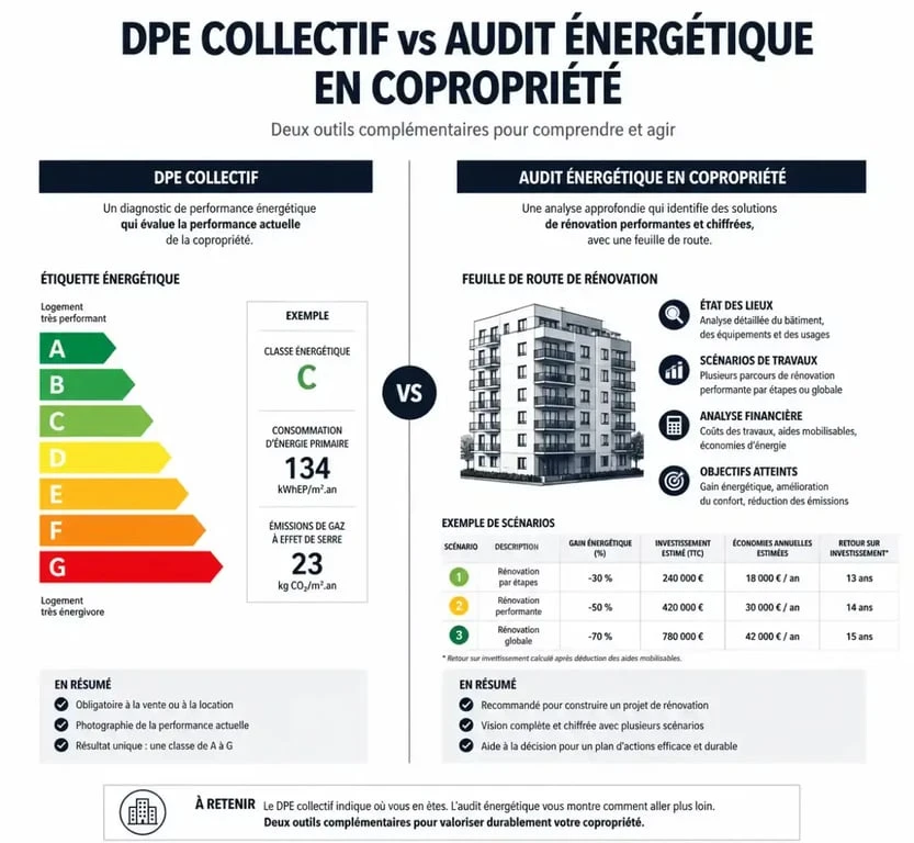 Infographie comparative entre le DPE collectif et l'audit énergétique en copropriété pour comprendre les différences de diagnostic.