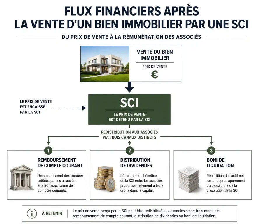 Schéma des flux financiers et méthodes de récupération d'argent après la vente d'un bien en SCI