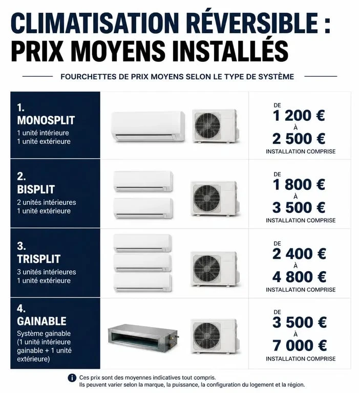 Tableau récapitulatif des prix moyens d'une climatisation réversible selon le type d'installation
