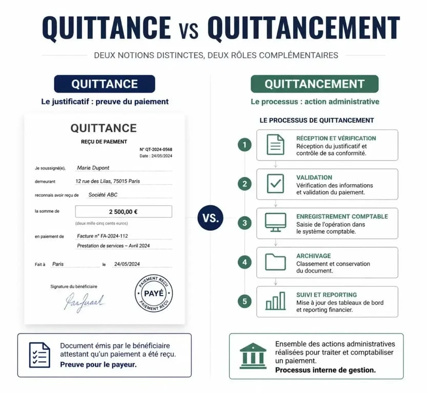 Infographie explicative sur la différence entre quittancement et quittance