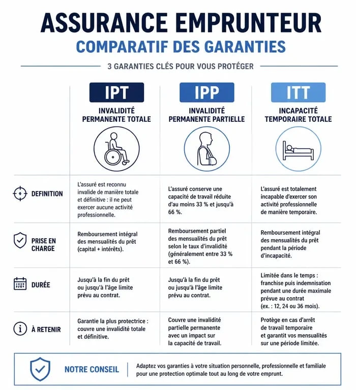 Infographie comparative des garanties d'assurance emprunteur IPT, IPP et ITT pour un crédit immobilier en cas d'invalidité