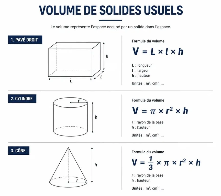 Schéma des formules pour le calcul de volume en m3 : rectangle, cylindre et cône