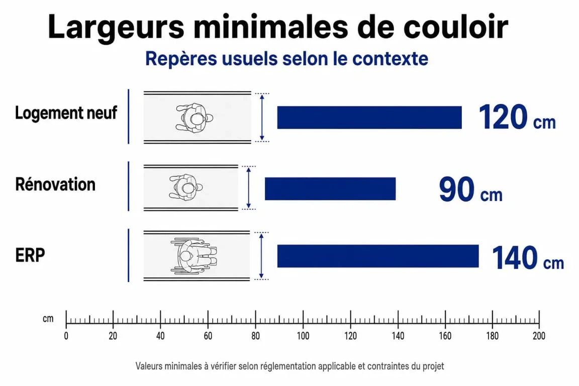 Tableau récapitulatif des normes de largeur de couloir pour logement et ERP