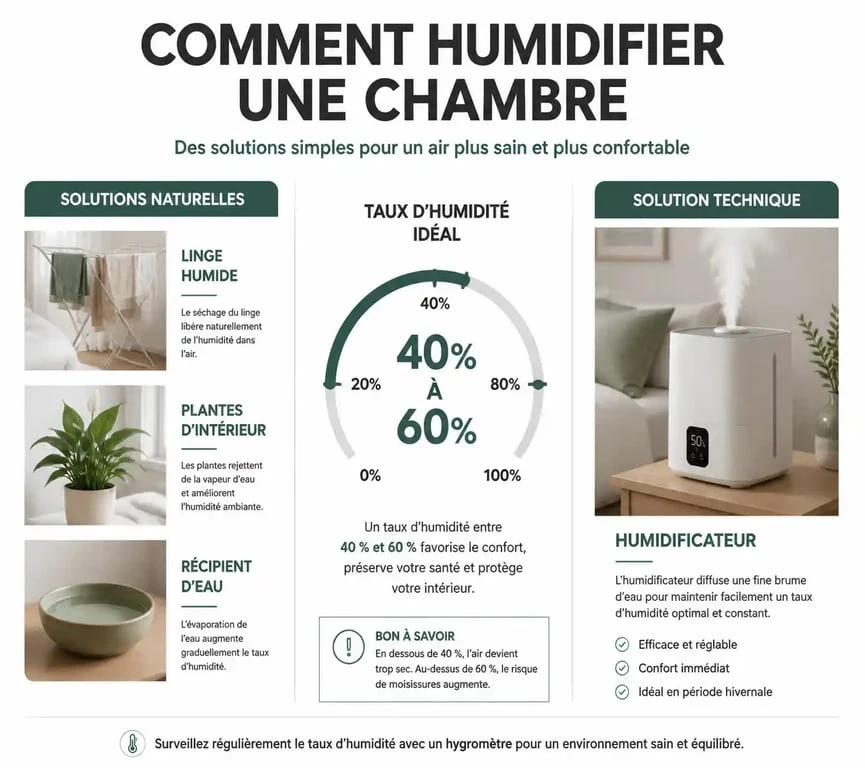 Infographie sur les méthodes pour humidifier une chambre et maintenir un taux d'humidité idéal entre 40% et 60%.