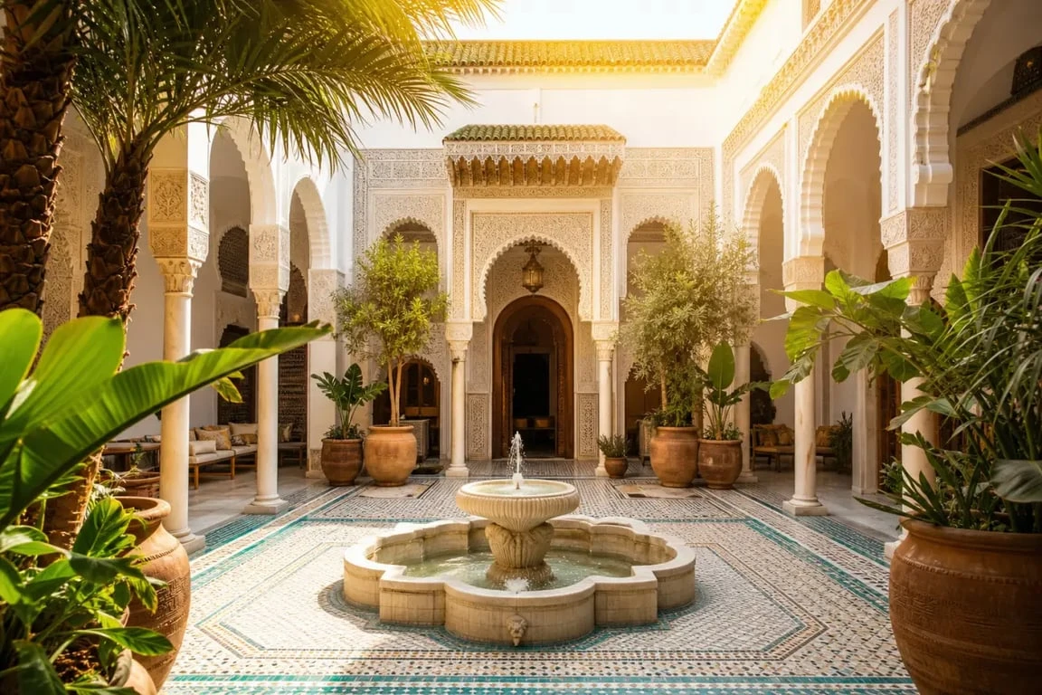 Patio luxueux d'un hôtel de luxe à Marrakech avec architecture traditionnelle et fontaine.