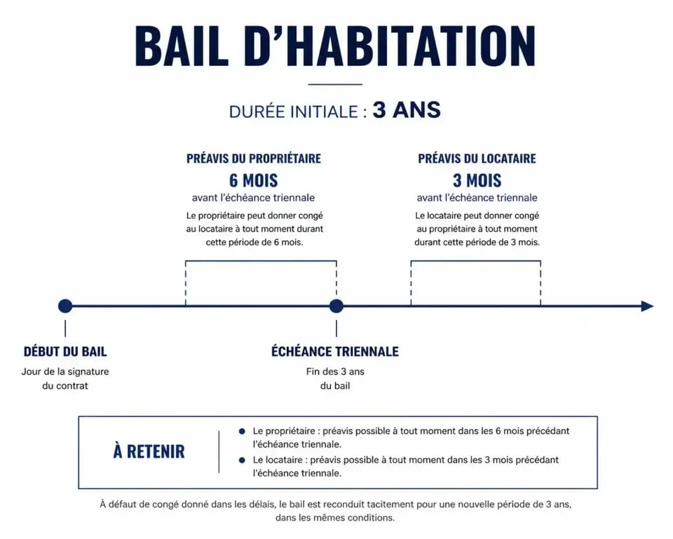 Infographie explicative des délais de préavis pour la reconduction tacite d'un bail de 3 ans